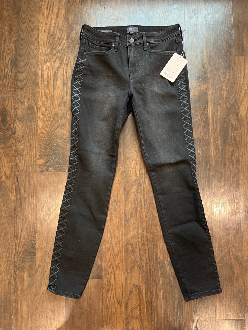 NYDJ Black Skinny Jeans with Side Lace-Up Trim